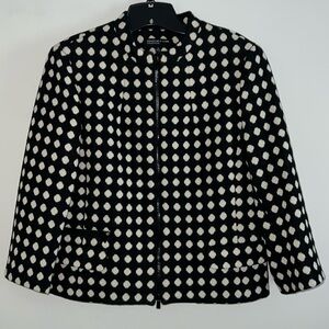 JONES NEW YORK - 12 WMNS BLACK WHITE LINED WOOL BLAZER FRONT ZIP 3/4 SLEEVE EUC